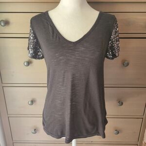 Aerie Black Sequin Sleeve V-Neck Tee